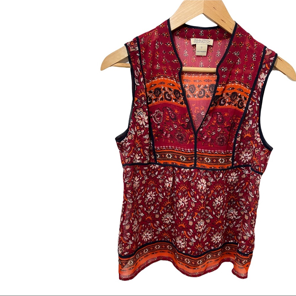 LUCKY BRAND BOHO FLORAL V-NECK RED ORANGE SLEEVELESS SHEER BLOUSE SIZE SMALL - Picture 2 of 16